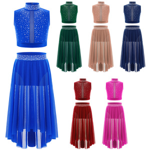6-16 enfants filles 2 pièces costumes tenue de <span class=keywords><strong>danse</strong></span> lyrique haut court avec jupe ensembles pour la louange <span class=keywords><strong>danse</strong></span> moderne scène Performance compétition - Product Image 2