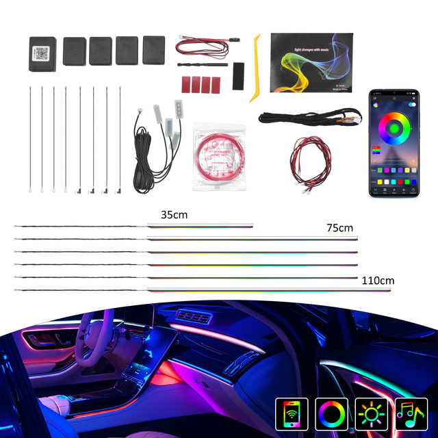 DLS-L118B 18 in 1 RGB Dreamcolor Car Ambient Lights Kit LED Strip Smart APP Music Sync Universal Interior Atmosphere Light