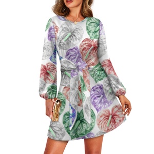 Custom-printed Hawaiian Taro Leaf Chiffon Waist-tie Long-sleeved Maxi <strong>Dress</strong> Women's A-line Casual Loose <strong>Ruffle</strong> Suitable <strong>All</strong> - Product Image 3