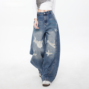 <span class=keywords><strong>Pantalones</strong></span> Vaqueros Azules Holgados de Cintura Alta para <span class=keywords><strong>Mujer</strong></span>, con Logotipo Personalizado, al por Mayor, Casuales, a la Moda, de Alta Calidad, con Parches - Product Image 5