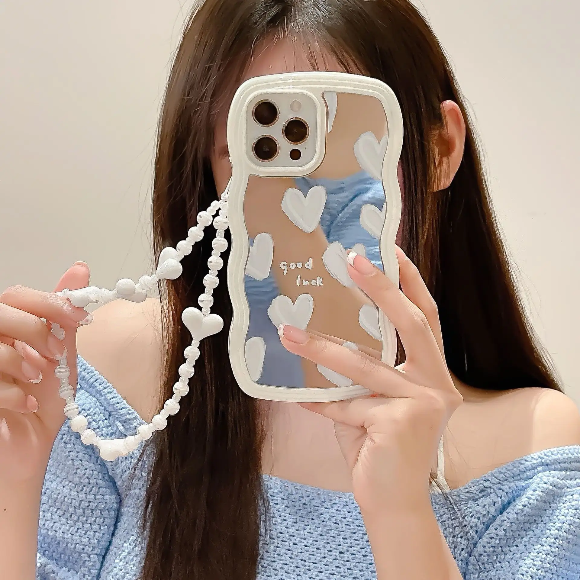luxury design heart White Love With chain Phone Case For iphone15 pro max 14 13 12 11 XR XS X Soft Silicone Shockproof TPU Cover