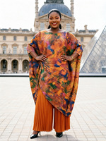 Ensemble assorti 2 pièces pour femmes africaines grandes tailles : haut kaftan imprimé abstrait à manches chauve-souris et pantalon plissé à jambes larges