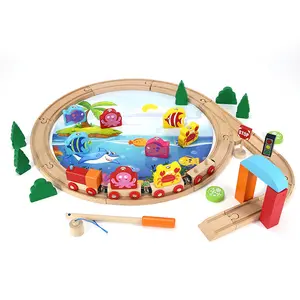 बच्चों लकड़ी रेलवे ट्रेन ट्रैक मछली पकड़ने खिलौना 2 में 1 बहुक्रिया शैक्षिक खिलौना मैग्नेट मछली पकड़ने के खेल खिलौने
