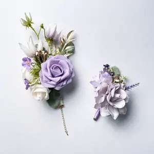 Western Wedding Supplies Braut Brautjungfern Lila Violett Handgelenk Blume Champagner Green Leaf Flower Herren Corsage Zubehör