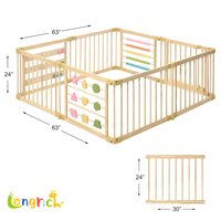 Parc de jeu pliable en bois pour bébé 63"x63", enclos de jeu intérieur pour tout-petits avec panneau d'activités et boulier, clôture de sécurité en pin naturel
