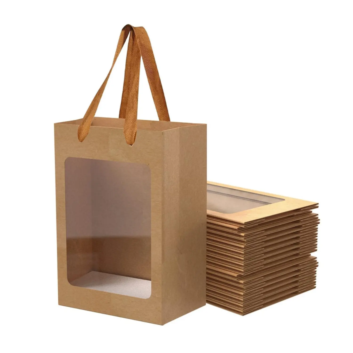 हॉलिडे पार्टी शॉपिंग के लिए उपयुक्त पारदर्शी खिड़की के साथ अनुकूलन योग्य उपहार बैग, हैंडल के साथ चमड़े का पेपर बैग