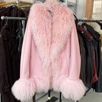 Veste en cuir rose pour femme avec col en fourrure de Mongolie, en cuir de mouton véritable, pour l'automne