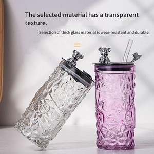 Tasse à eau en verre créative et unique ours mignon tasses à eau en verre ours en diamant tasses à boire avec couvercles d'ours et paille - Product Image 5