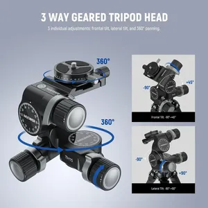 Treppiede <span class=keywords><strong>TH</strong></span> 15 in Lega di Alluminio a <span class=keywords><strong>3</strong></span> Vie con Testa a Ingranaggi, Piastra QR Arca Panoramica a 360°, Micro Regolazione per Smartphone - Product Image 2