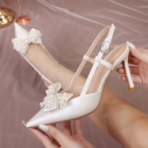 Detachable Wedding Shoes Zapatos Mujer Saltos Bow Lace up Strappy Ankle Pearl <b>Strap</b> <b>White</b> Wedding <b>Heels</b> for Bride - Product Image 5