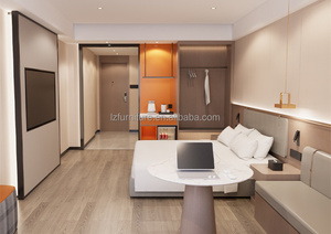 Bulk Hotel Bedroom Furniture Set <b>Soft</b> Headboard MDF Panel Wood Base <b>Bed</b> <b>Frame</b> with Nightstand For 3 Star Chain Hotel - Product Image 6