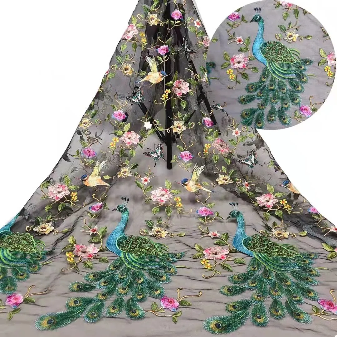 刺繍チュールレース生地人気の孔雀鳥花柄デザイン