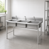 Commerciële RVS spoelbak met drie bakken, onderstel, spatbescherming, makkelijk schoon te maken, voor restaurant, hotel, kantine, duurzaam, aanpasbaar