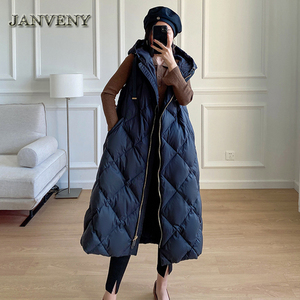JANVENY <span class=keywords><strong>2022</strong></span> nouveau luxe <span class=keywords><strong>hiver</strong></span> vers le bas sans manches gilet femmes fermeture éclair ceinture à capuche diamant treillis épaissir chaud bouffant gilet - Product Image 2