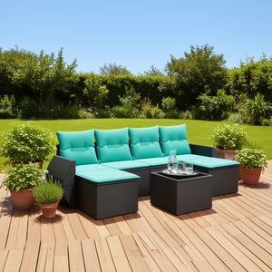 Set di divani da giardino in polyrattan nero, 7 pezzi con cuscini, mobili da esterno, stile contemporaneo, design moderno - Product Image 2