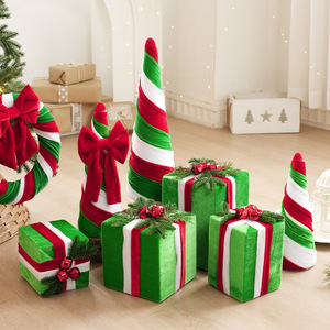 LINGKAI <b>Red</b> <b>Green</b> Fabric Wrapped <b>Christmas</b> Cone Tree <b>and</b> Gift Box Set Tabletop Ornament for Xmas Home Party <b>Decor</b> - Product Image 1
