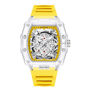 Men’s Transparent Skeleton <b>Watch</b> - Tonneau <b>Case</b> Quartz Wristwatch, Hip Hop Fashion with Silicone Band - Product Image 6