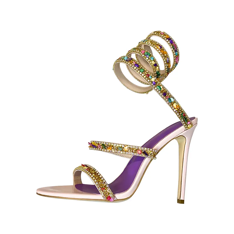 Custom Logo Wrap Around Open Toe Bling Gold Rhinestones High Heels Elastic Strappy Ankle Cross Strap Sandals With Snake Wrap