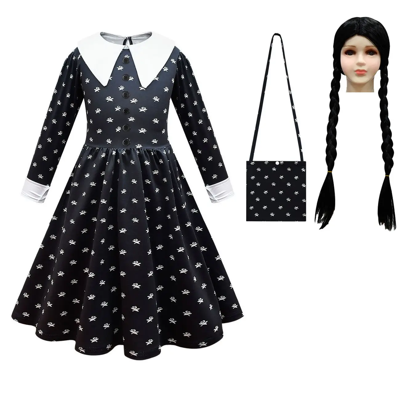 Halloween Kids Girl TV movie costume Children Wednesday Addams cosplay polka dot black dress with wig and bag set
