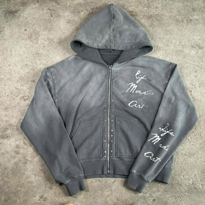 Hoodie court zippé unisexe en molleton français, effet délavé à l'acide, avec strass et impression graffiti personnalisée de luxe, style usé - Product Image 1