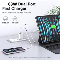 Chargeur mural pour téléphones mobiles certifié sûr, 63W, prise EU/UK, PDQC3.0, double port, haute sécurité, USB-C, USB-A, charge rapide