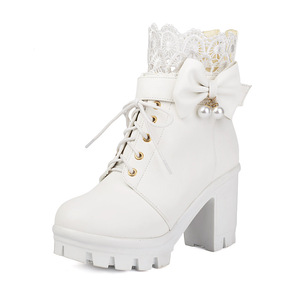 <b>White</b> Ankle Boots Lace-Up Chunky <b>Heel</b> Round Toe Bow Decoration PU All Seasons Style Drop Shipping - Product Image 1