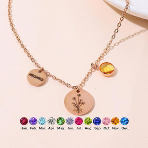 Collier Pendentif Fleur de Naissance Personnalisé en Acier Inoxydable Plaqué Or 18 carats avec Disque Gravé et Zircon – Bijou Tendance Certifié - Product Image 1