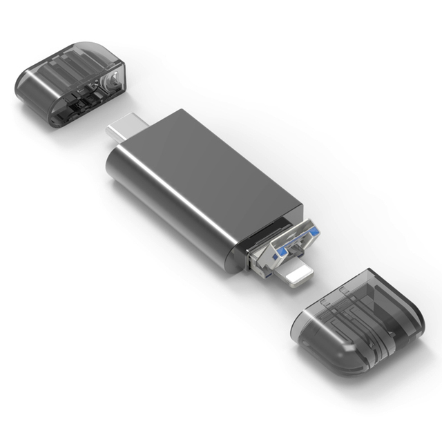 OTG Type C 3-in-1 Card Reader for iPhone 14/13/12/11 iPad Android-SD/TF/MMC Cards Zinc Alloy USB External