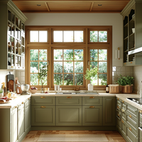 Armoires de cuisine sur mesure de style rétro, avec détail de porte cintrée et finition laquée mate, fabriquées sur commande pour projets résidentiels