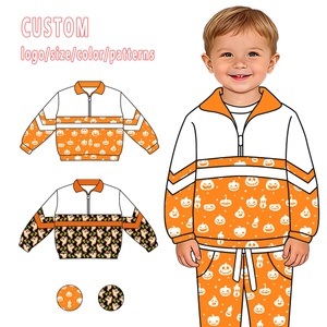 Survêtement pour tout-petits 2 pièces en soie de lait, avec logo à motif personnalisé, demi-zip et blocs de couleur, pour le sport des enfants - Product Image 1