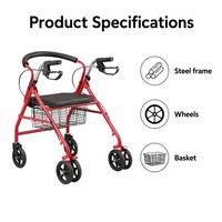Nouvelle Arrivée Déambulateur à Roulettes Rouge pour Hôpital avec Cadre en Acier, Conception Pliable, Siège Rembourré, Panier de Rangement, 6 Roues, Aide à la Marche