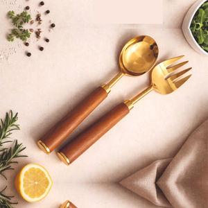 Juego de Servidores de Ensalada Clásicos Dorados, Cuchara y Tenedor de Acero Inoxidable, Mango de Madera de Acacia Hecho a Mano, Utensilios Modernos de Lujo - Product Image 6