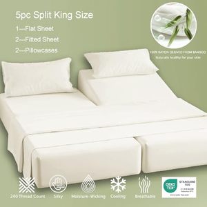 Ensemble de draps de lit 5 pièces beige, doux et respirant, 1 <span class=keywords><strong>drap</strong></span> plat, <span class=keywords><strong>2</strong></span> draps-housses, <span class=keywords><strong>2</strong></span> taies d'oreiller, 100% rayonne dérivée du bambou - Product Image 2