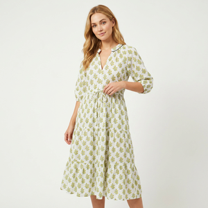 Robe midi décontractée indienne imprimée numériquement pour femmes et jeunes filles, 100 % coton, col en V, manches 3/4, motif floral, coupe ample, pour l'été et l'hiver, séchage rapide - Product Image 1
