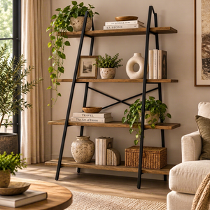 Modern Scandinavian Ladder Bookshelf 4-Tier <b>Wood</b> <b>Shelf</b> Freestanding Backless Storage for Living Room Home Furniture - Product Image 1