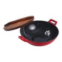 Wok rond en fonte émaillée de haute qualité, ustensiles de cuisine antiadhésifs avec manche en bois