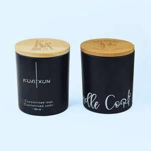 Bambu ahşap ile boş mum gemi lüks buzlu mat siyah cam mum kavanozları konteyner mantar şekilli kapak 8oz 10oz 14oz