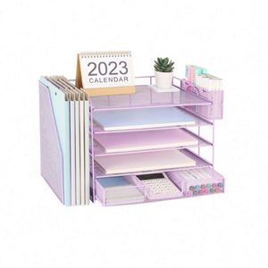 Desk Organizer with <b>File</b> Holder 4-Tier Letter Tray Paper Organizer with 1 Extra <b>Drawer</b> & 2 Pen Holders Mesh <b>File</b> Organizers - Product Image 2