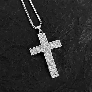 Europe And The United States Full Diamond Cross Necklace Hip Hop Couple Titanium Steel Chain Retro Simple Chain
