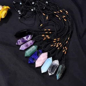 Quartz Necklace Amethyst Healing Crystal Pendant Double Pointed Natural Crystal Quartz Citrine Necklace 6 Faceted Chakra Crystal Wand Stone