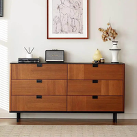Nouvelle armoire en chêne de style mid-century à six tiroirs avec cadre en acier inoxydable, pour chambre à coucher, tête de lit, ou meuble de rangement pour salon