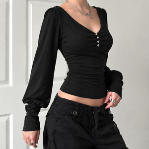 <b>V</b> <b>Neck</b> Button Front Knit Top, Long Puff Sleeve <b>Women's</b> <b>T</b> <b>Shirt</b>, Casual Slim Fit Long Sleeve Top, Y2K Retro Fashion - Product Image 4