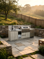 Station de cuisson commerciale moderne pour hôtel et restaurant, cuisine extérieure, barbecue à gaz encastré, machine à glaçons sans fumée, réfrigérateur, évier