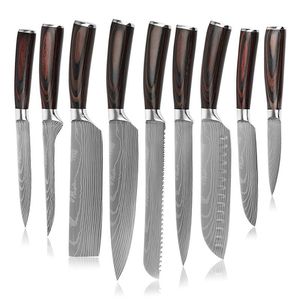 Customized cross-border spot goods wood grain <b>handle</b> Damascus laser-textured chef's <b>knife</b>, fruit <b>knife</b>, cleaver, stainless - Product Image 5