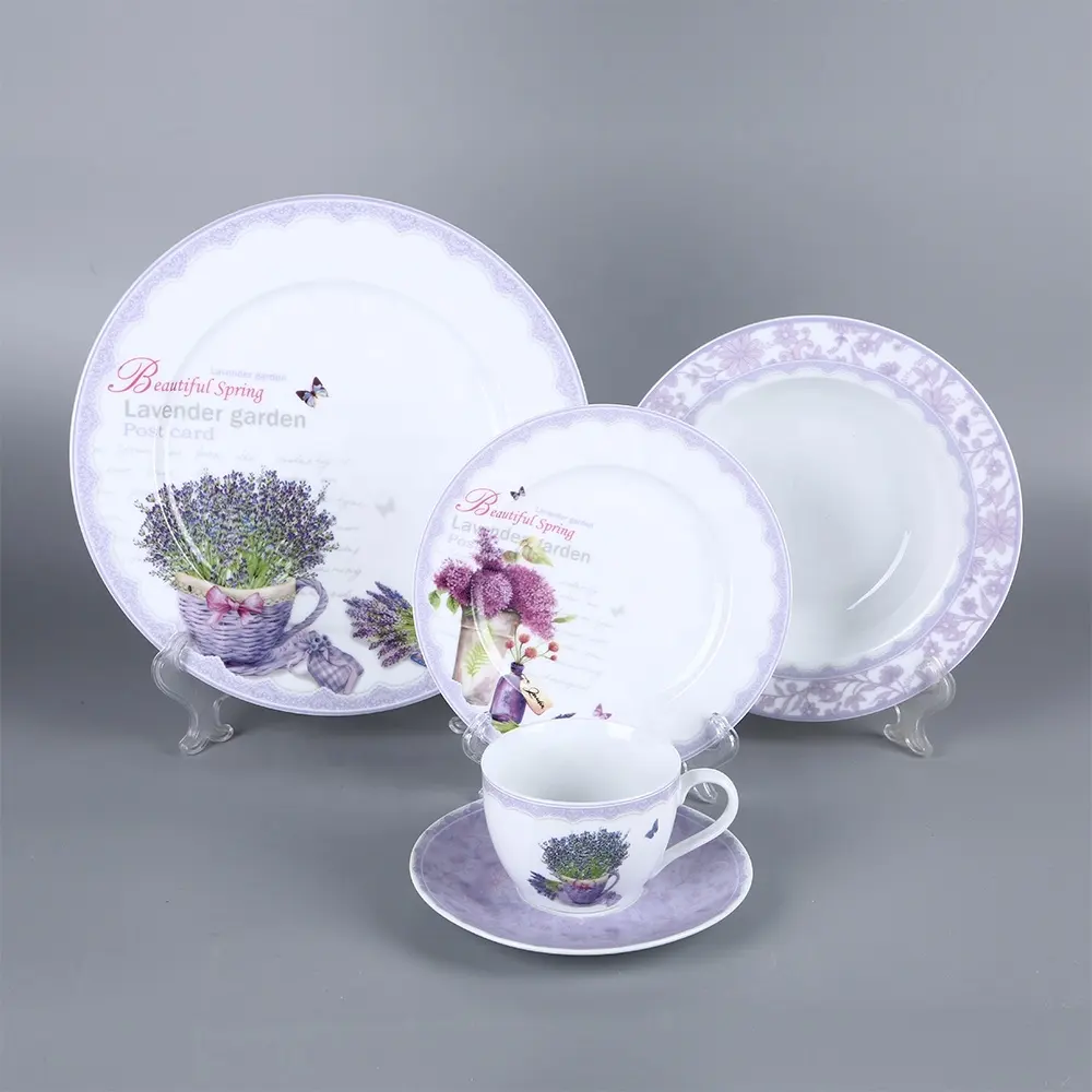 Uitstekende Klassieke Lavendel Westerse Porselein Servies Sets 20 Pcs Super Witte Diner Set