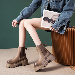 Bottes Chelsea rétro britanniques en cuir de vachette première couche pour femme, à lacets, à talon épais et rehaussant la silhouette, collection automne-hiver - Product Image 2