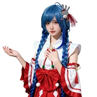 Costume de cosplay d'anime, tenue de Miko, prêtresse japonaise, ensemble en polyester rouge et blanc avec perruque bleue pour femmes adultes, tenue de fête