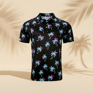 Men's Black Palm <b>Tree</b> Print Polo Shirt Short Sleeve Knitted Polyester Casual Breathable Design - Product Image 2
