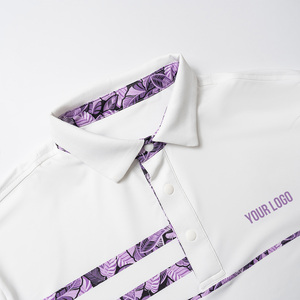 Polo à manches courtes blanc pour homme avec imprimé motif violet, séchage rapide, polyester tissé, vêtements de sport décontractés - Product Image 5