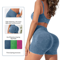 Nouvel ensemble de sport 2 pièces sans coutures effet délavé pour femme : soutien-gorge de sport et short cycliste taille haute froncé aux fesses pour le yoga et l'entraînement en salle de sport